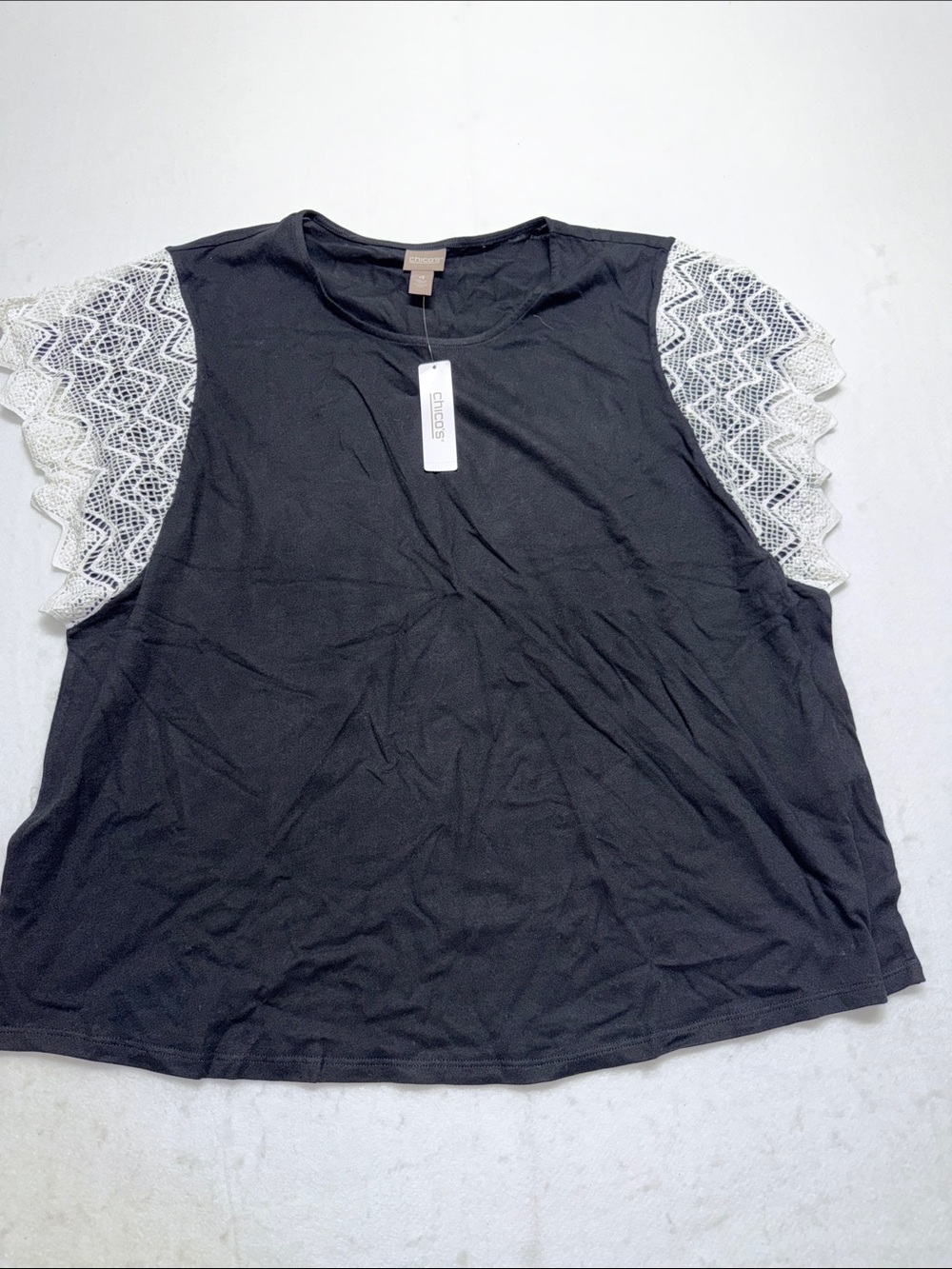 Chico’s Black Top with White Lace Sleeves - Crochet Accent 4 NWT